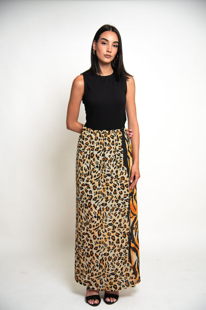 ROBE LONGUE BI-MATIÈRE IMPRIMÉE