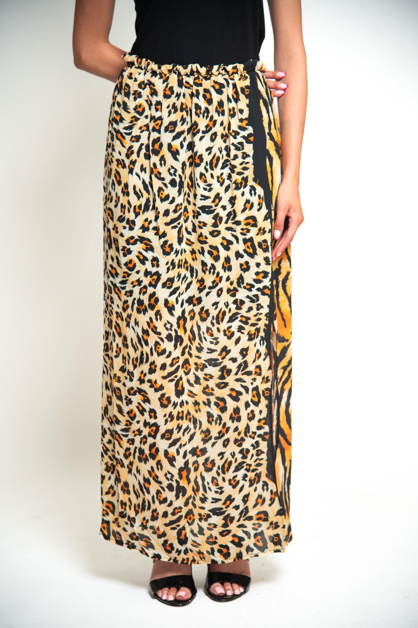 ROBE LONGUE BI-MATIÈRE IMPRIMÉE