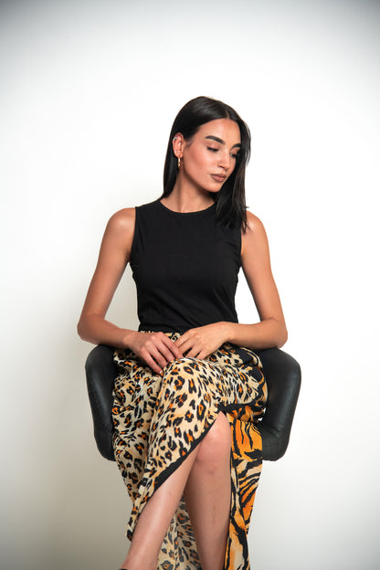 ROBE LONGUE BI-MATIÈRE IMPRIMÉE